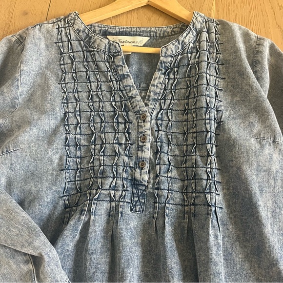 Mineral Wash 100% Cotton Denim Blouse | Pintuck Boho Henley Top XL - Picture 4 of 7